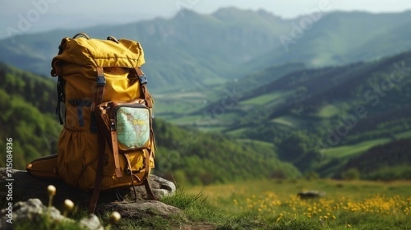 Fototapeta A rugged yellow backpack with a worn look, beside a detailed, open map of Europe, against a backdrop of gently blurred,