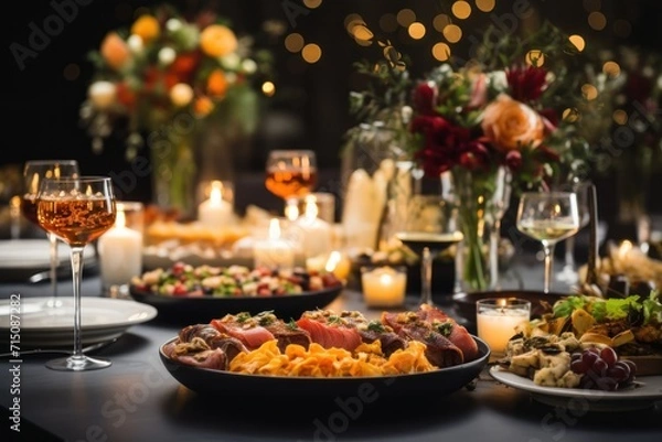 Fototapeta  a table topped with plates of food and a glass of wine next to a vase filled with flowers and candles.
