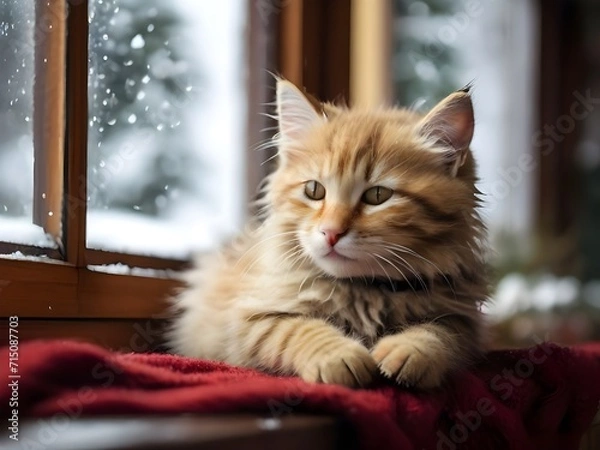 Fototapeta Katze am Fenster im Winter