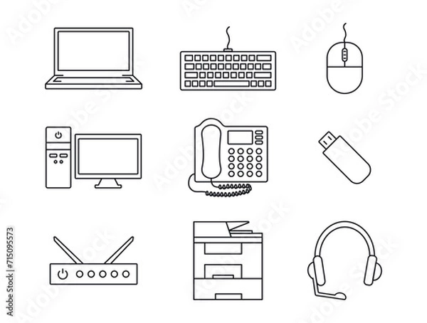 Fototapeta Set of contour icons of technology. Laptop, computer. Collection Office equipment - MFP, telephone, USB flash. Keyboard, mouse and headset. Router and PBX. System blocks, PC. Vector illustration