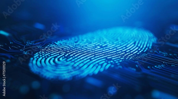 Obraz Fingerprint on a blue microchip. Cybersecurity concept, user privacy security and encryption. Future technology, data protection, secure internet access.