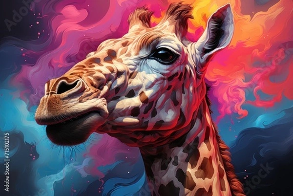 Fototapeta  a close up of a giraffe's face in front of a multicolored background of clouds.