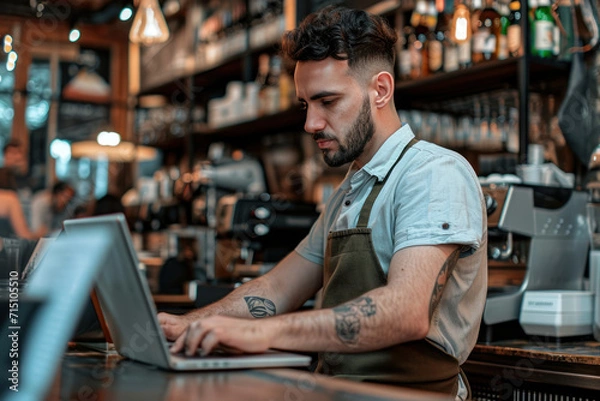 Fototapeta Handsome bearded barista Italian man small business owner working with laptop computer behind the counter bar in a cafe making order