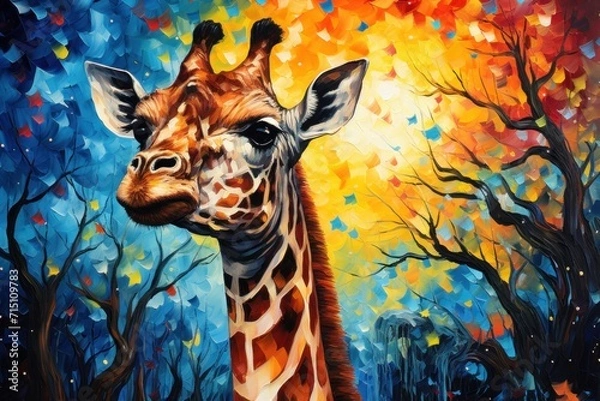 Obraz  a painting of a giraffe standing in front of a tree with leaves on it's branches and a colorful sky in the background.