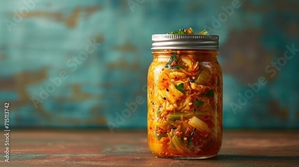 Fototapeta homemade kimchi with visible spices and herbs in a Glass Jar