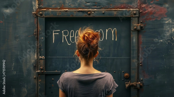 Fototapeta Woman in front of a wall with an iron door with the word "Freedom".
