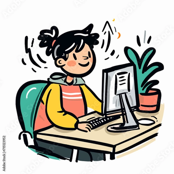 Fototapeta Happy person sitting at a desk with a computer watercolor paint 