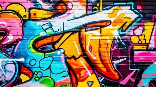 Fototapeta wall scratched with colorful graffiti and drawings. colorful graffiti brick wall urban visual