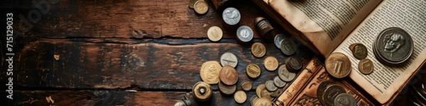 Obraz Vintage Collectible Coins and Antique Books on Rustic Wooden Table Banner