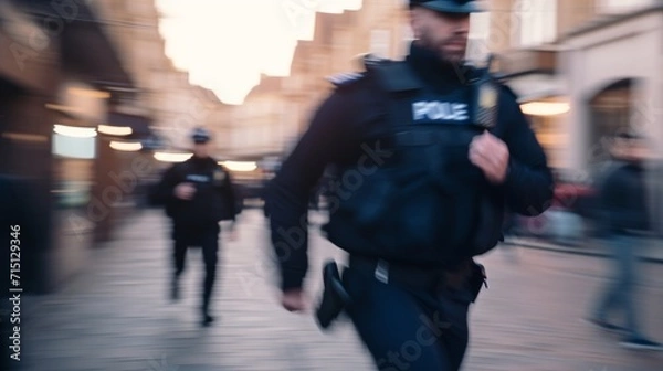 Obraz Full shot of policeman running through town centre, with motion, blur to illustrate, speed and chaos