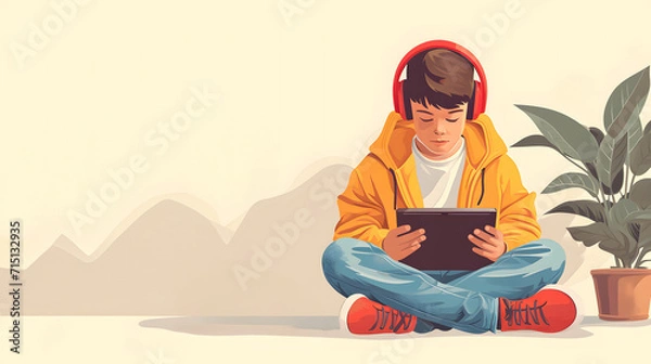 Obraz Boy sitting on the floor with red headphones and a tablet, vetor style (Generative AI)