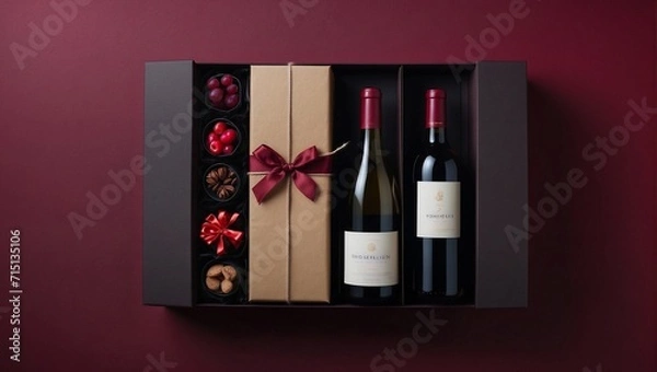 Fototapeta Top view of the gift box for Valentine's Day against a dark red background