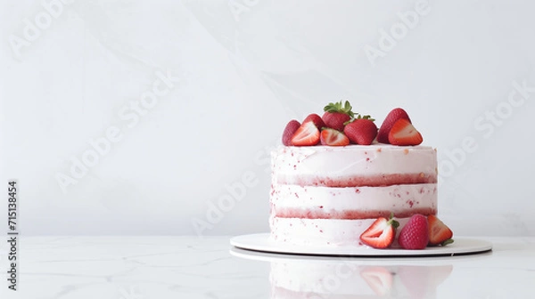 Obraz Delicious Layered Fresh Strawberry Cake, Torte Dessert with Fresh Berries, Vanilla Butter Cream On Glossy Marble Counter. White Background. Natural Light. Minimalist Photo. Minimal Modern Interior. 
