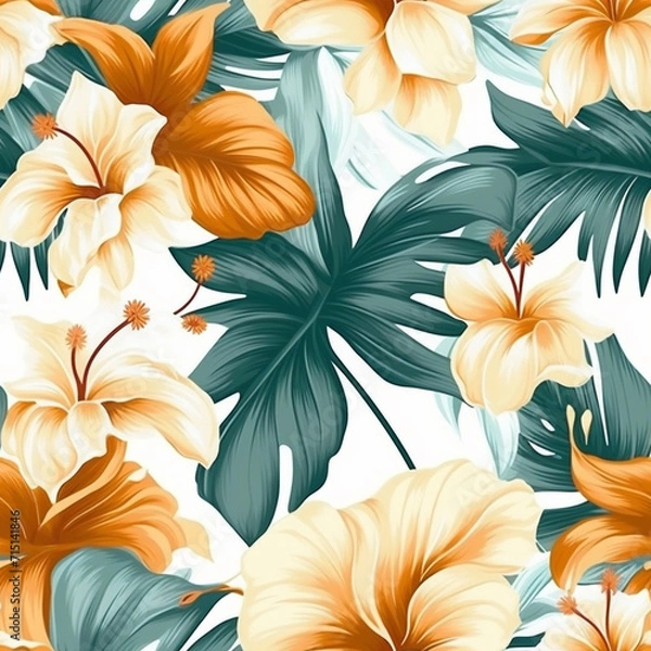 Fototapeta Orange and Green Tropical Plants Seamless Patterns