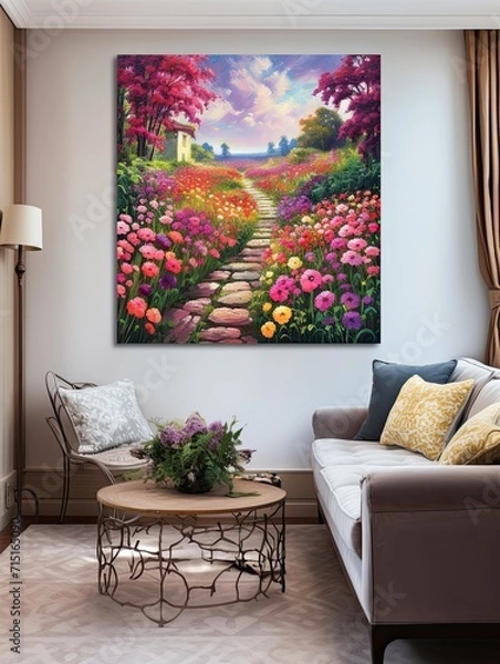 Fototapeta Vintage Landscape Canvas: Lush Floral Garden Paths and Garden Wall Art
