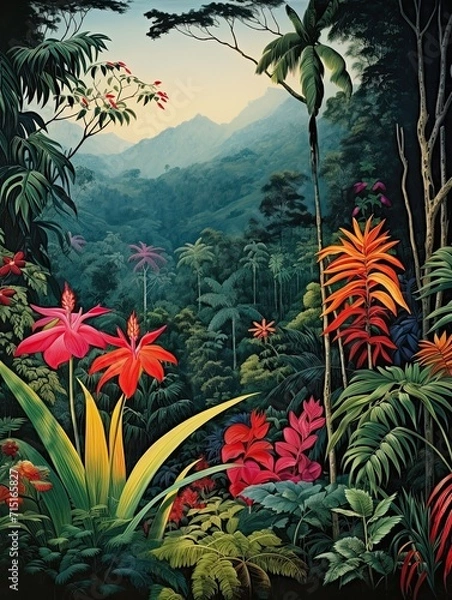 Fototapeta Vintage Painting Print: Tropical Rainforest Expeditions - Explore a Wild Jungle Scene
