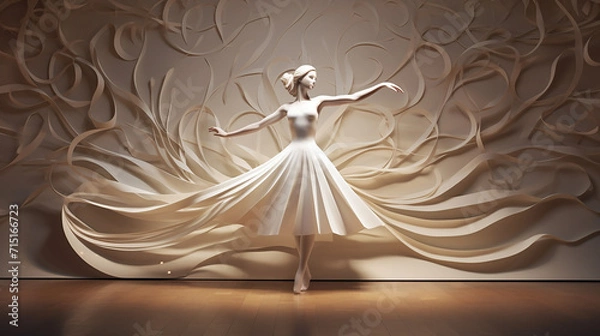 Fototapeta ballet studio serves as the backdrop for paper cut dancer, her delicate form pirouetting 3D rendered