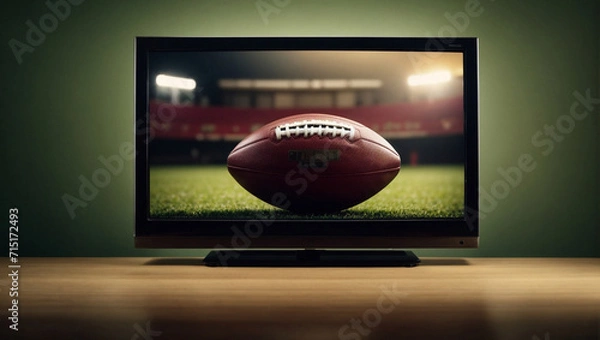 Fototapeta American football or a rugby ball on a TV screen. Minimal abstract sport and competition concept. With copy space.