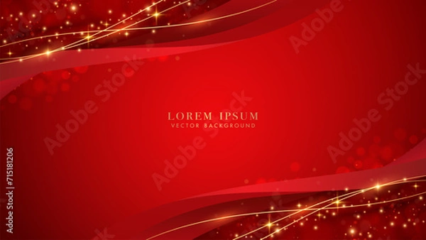 Fototapeta Red luxury background with golden line, red curve, glitter light effect and bokeh