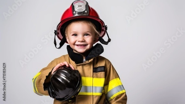 Fototapeta A Happy boy wearing firefighter uniform, little firefighter and fire extinguishing equipment, firefighter career adventure concept. on empty space on a white isolated transparent background.