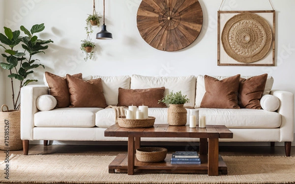 Obraz Rustic wooden coffee table near a white sofa adorned with leather pillows, showcasing a farmhouse and ethnic-style home interior design in a modern living room.