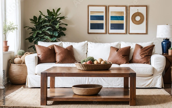 Obraz Rustic wooden coffee table near a white sofa adorned with leather pillows, showcasing a farmhouse and ethnic-style home interior design in a modern living room.