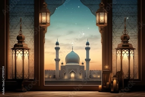 Obraz Eid mubarak and ramadan kareem greetings with islamic lantern and mosque. Eid al fitr background