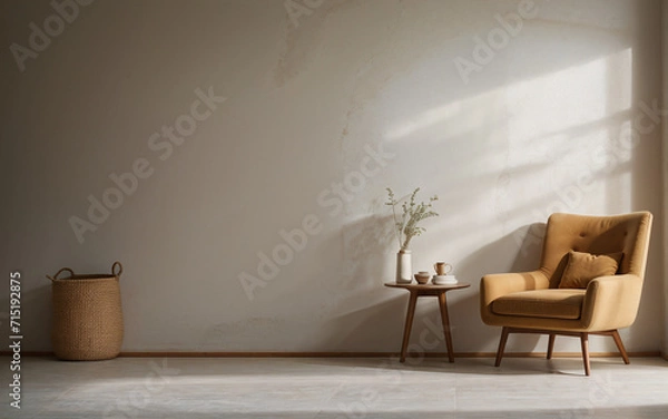 Obraz Chair against a concrete wall with ample copy space, defining the rustic minimalist home interior design of a modern living room.