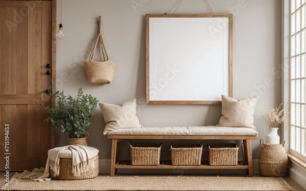 Obraz Barn wood bench adorned with linen pillows against a wall with an empty mock-up blank poster frame, showcasing the farmhouse and boho interior design of a modern entrance hall.