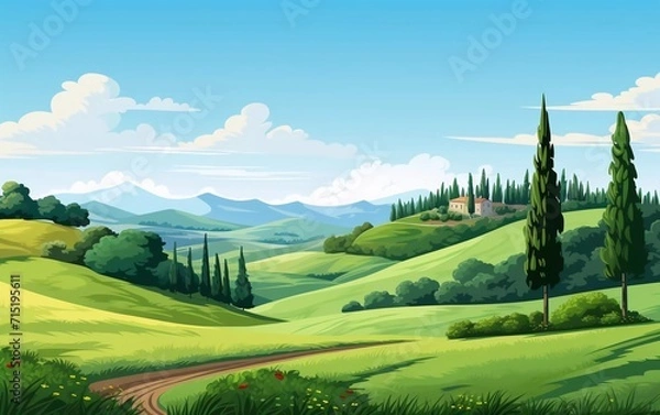 Obraz Rural vector illustration background Hillscape with pine trees, beautiful view

