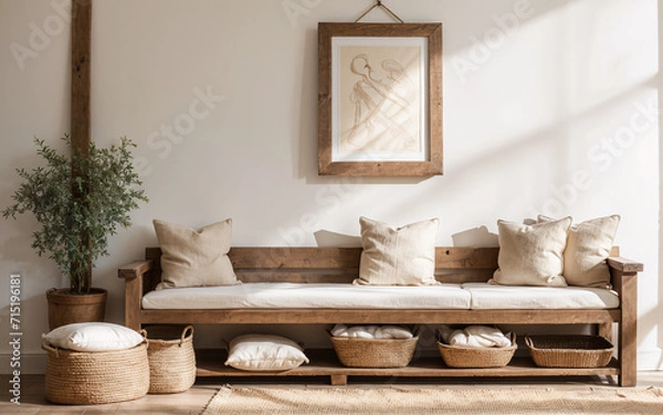 Obraz Barn wood bench adorned with linen pillows against a wall with an poster frame, showcasing the farmhouse and boho interior design of a modern entrance hall.