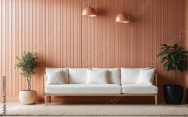 Obraz White sofa against a terra cotta marble stone paneling wall with ample copy space, representing the minimalist home interior design of a modern living room.