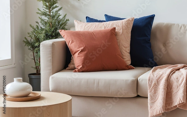 Obraz Close-up of a fabric sofa with a terra cotta pillow against a window and a white wall, showcasing the Scandinavian home interior design of a modern living room.