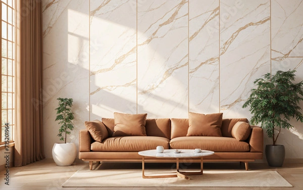 Obraz White sofa against a terra cotta marble stone paneling wall with ample copy space, representing the minimalist home interior design of a modern living room.