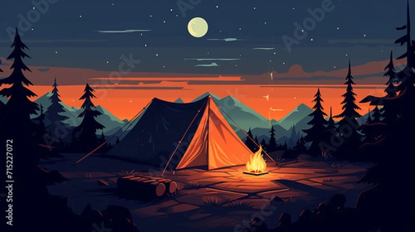 Fototapeta A flat design of a simple, minimalist campsite, the tent and fire rendered in calm colors