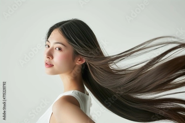 Obraz 黒髪の綺麗な日本人女性の横顔の写真（ヘアケア・ロングヘア・縮毛矯正・ストレート・背景なし）