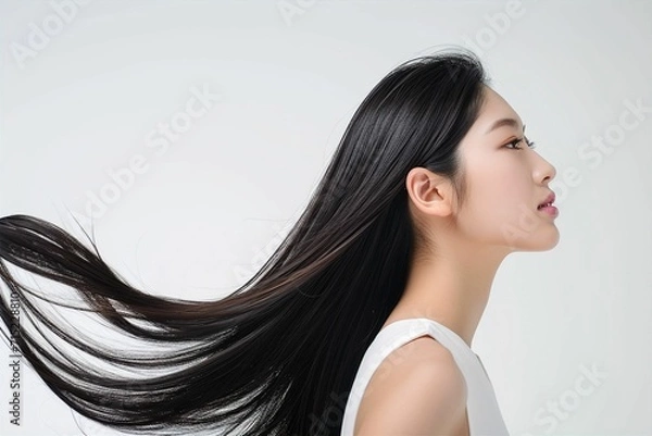 Obraz 黒髪の綺麗な日本人女性の横顔の写真（ヘアケア・ロングヘア・縮毛矯正・ストレート・背景なし）