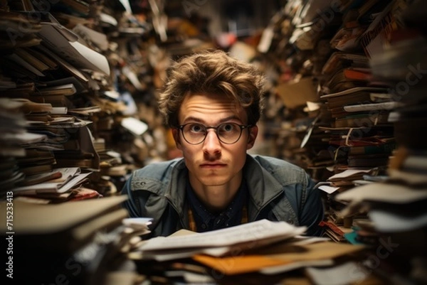 Fototapeta Stressed worker surrounded by paperwork, depicting the daily struggle of managing tasks and deadlines, Generative AI