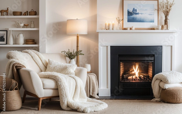 Fototapeta White sofa with pillows, accompanied by fur and woolen blankets, situated near a fireplace in a modern living room with Scandinavian hygge home interior design.