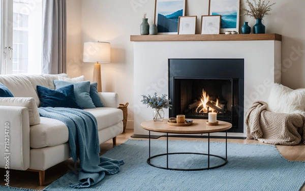Obraz White sofa with pillows, accompanied by fur and woolen blankets, situated near a fireplace in a modern living room with Scandinavian hygge home interior design.