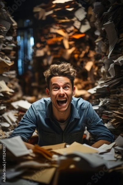 Fototapeta Overwhelmed worker trying to create order in the midst of a paper-based chaos on the desk, Generative AI
