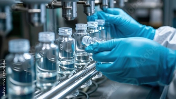Fototapeta Gloved Hand Transforms Chemicals into Quality Medical Vials in Pharmaceutical Factory. Lab glass bottle creation fuses chemistry with artistic mastery for breakthrough science research. Generative AI