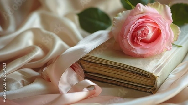 Obraz A ancient book ribbon and a flower on soft silk. Romance concept