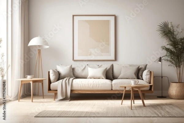 Fototapeta Scandinavian interior home design of living room with wood sofa and blank poster frame mockup