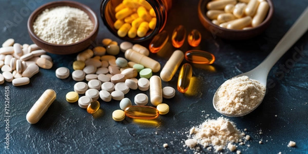Fototapeta Supplements and vitamins in vegetarian softgel capsule, scoop of protein powder and tablets