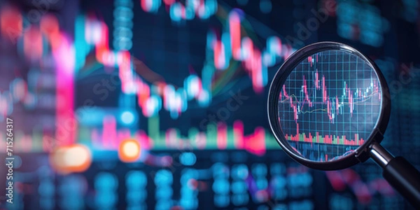 Fototapeta Blurred financial chart with candlestick graph in stock market, uptrend line and bar monitor with magnifying glass