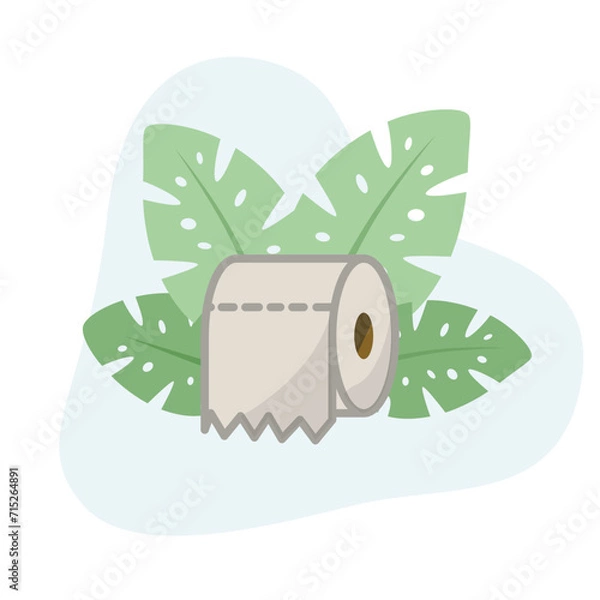 Fototapeta Toilet paper roll flat vector Illustration icon decorated with leaves for web use for sanitary, bathroom, wc, restroom