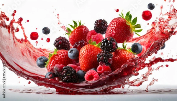 Obraz  Fresh ripe strawberry, raspberry, blackberry, cranberry juice blend mix splash swirl with strawberry, blackberry, cranberry, raspberry. Red multifruit berry juice splash wave and forest fruits on whi