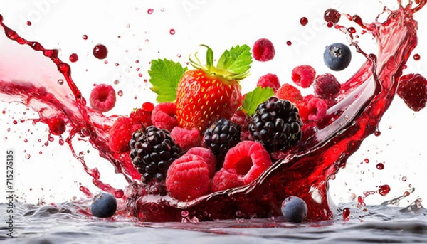 Obraz  Fresh ripe strawberry, raspberry, blackberry, cranberry juice blend mix splash swirl with strawberry, blackberry, cranberry, raspberry. Red multifruit berry juice splash wave and forest fruits on whi
