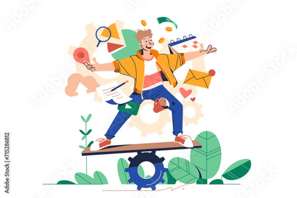 Fototapeta Multitasking Specialist balancing on board